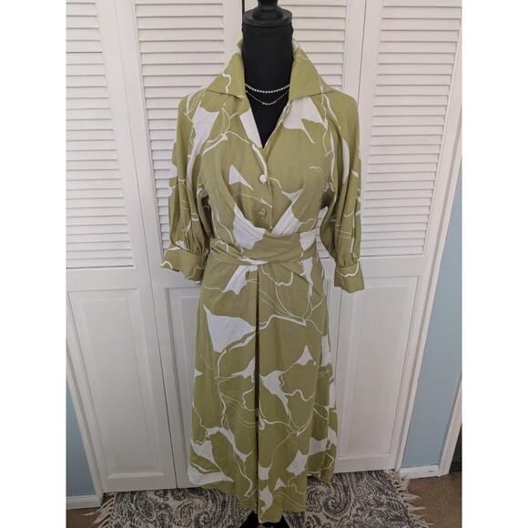 Donna Karan NY Dress Women's 4 Linen Floral Tie-Front Kiwi Cream Artsy $199 NEW - Picture 1 of 16